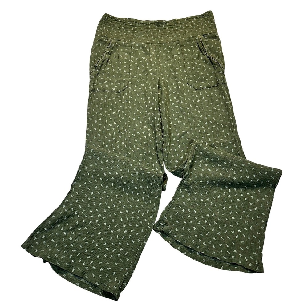 Three Dots Wide Leg Pants Womens L* READ Green Leaf Print Boho Smocked Gauze